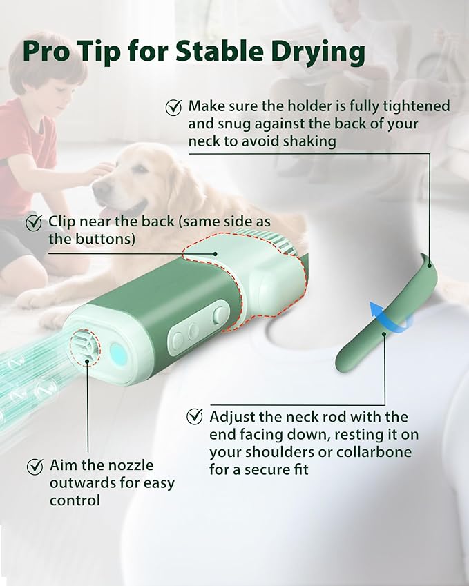 L&W BROS. 2-in-1 Pet Hair Dryer with Clamp Stand – Wearable & Hands-Free Dog Grooming Dryer, 950W Low Noise Blower with 5 Heat & 3 Speed Settings, for Small to Medium Pets (Green)