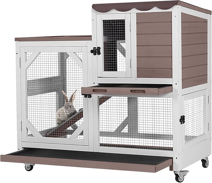 GUTINNEEN Rabbit Hutch Indoor Outdoor 2 Story Bunny House on Wheels Wood Rabbit Cage with 2 Pull Out Trays Guinea Pig Cage