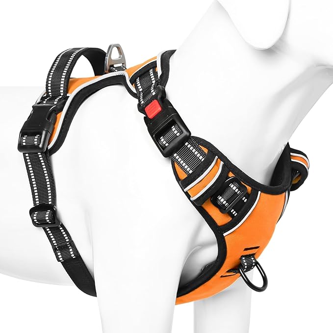 Timos Dog Harness Large Sized, No Pull with Neck Lockable Snap,No Choke Front Clip Dog Reflective Harness,Adjustable Metal Rings 3 Buckles,Easy Control Handle for Large Dogs Orange XL