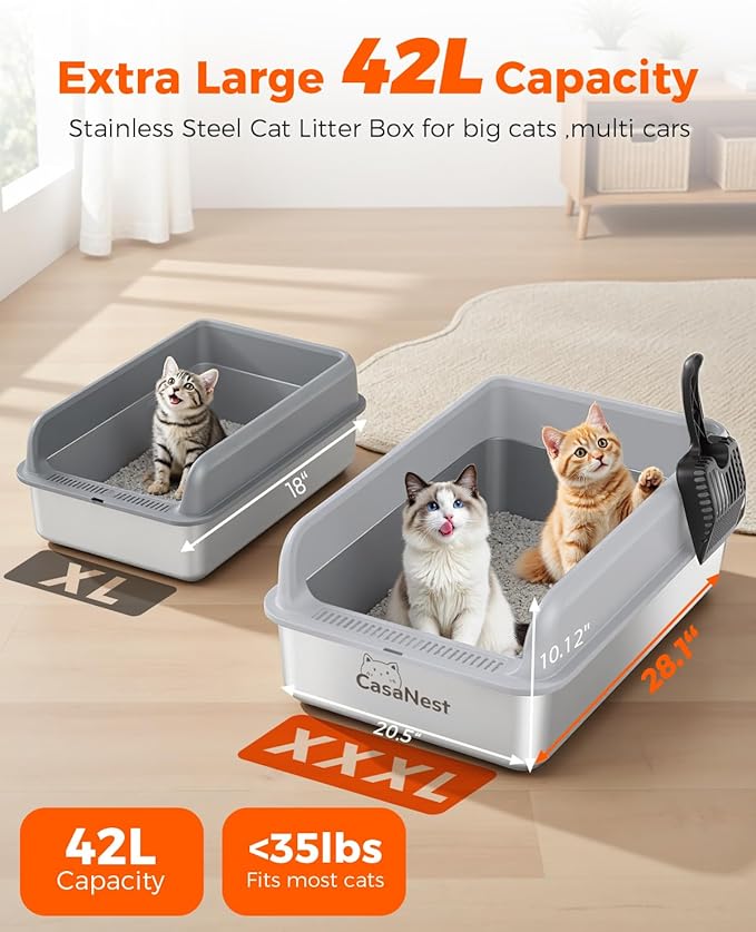 XXXL Stainless Steel Cat Litter Box 28.1''×20.5'' × 10.1” Extra Large Metal Cat Litter Box for Big, Multi Cats, Anti-Leakage & Non-Stick Metal Pan, Easy to Clean, Durable (Light Grey