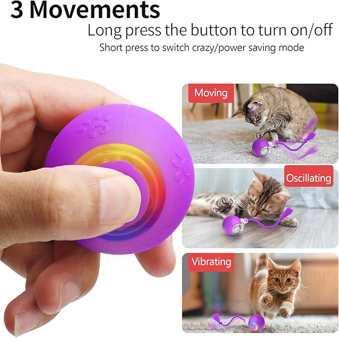 Interactive Cat Toys, Automatic Moving Cat Toys for Bored Indoor Adult Cats, Fast Rolling, Chirping & Motion-Activated Kitty Toys, Fun Gift for Cats with Speedy Tail 2.0, USB Rechargeable, Purple