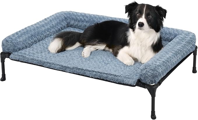 Veehoo Cooling Elevated Dog Bed Add Removable Deluxe Rose Plush Bolster Cushion Mat, 41" x 27" Washable Dog Couch Bed, Raised Pet Cot with Breathable Teslin Mesh, No-Slip Feet, Haze Blue, CWC2439B