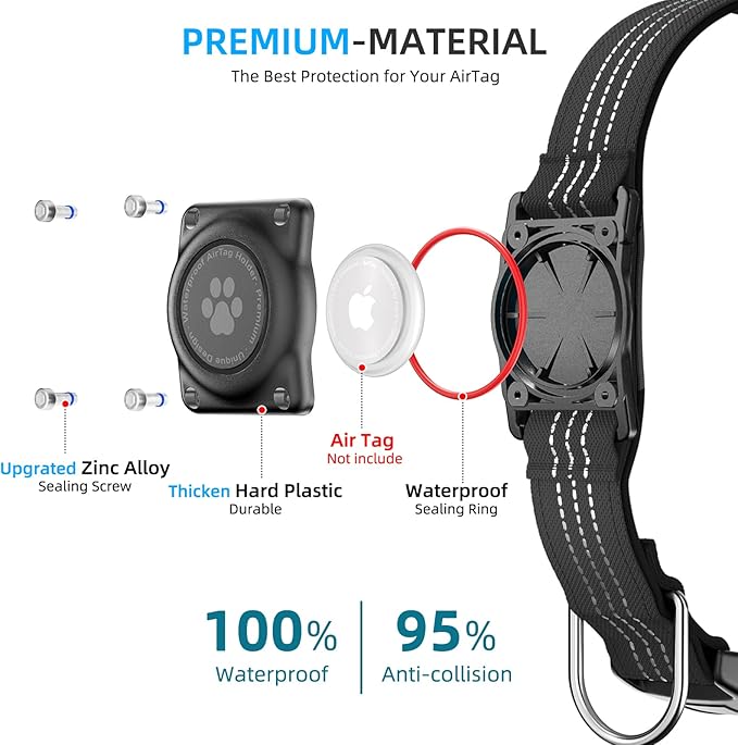 Upgraded AirTag Dog Collar, IP68 Waterproof Air Tag Dog Collar Holder, Reflective, Ultra-Durable, Comfortable Padded, Heavy Duty Dog Collars for Small Medium Large Dogs (M (12.6"-17.1"), Black)
