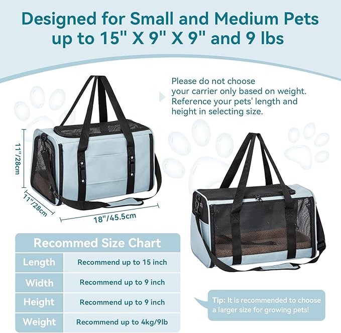PETSFIT Soft-Sided Cat Carriers & Car Seats with Patent Safe Buckles, Clip-On Harness，18"x11"x11" Airline Approved Pet Carrier - 9 lbs Capacity (Cyan Blue)