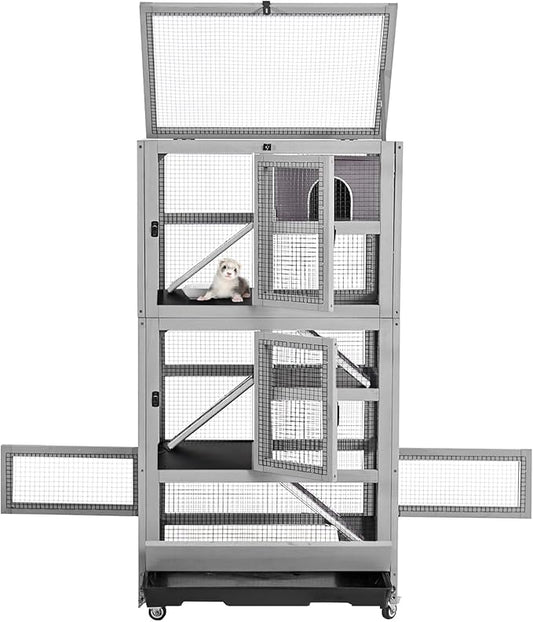 Large Ferret Cage, Chinchilla Cage with 5 Levels, Wooden Guinea Pig Cages with Wheels, Small Animal Cages with Ramp, Hideout, Pull Out Tray, for Rat, Hamster, Hedgehog