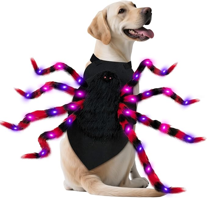Dog Halloween Costume Large Breed, Furry Dog Spider Costume with 64 LED, Funny Halloween Dogs Costumes for Large Dogs Medium Pet Halloween Party Cosplay (Red)