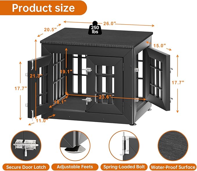 26" Heavy Duty Dog Crate Furniture for Small,Medium and Large Dogs,Rustic Wooden Dog Cage Kennel Indoor Furniture with Waterproof Top,Decorative Pet House Side End Table (Black)