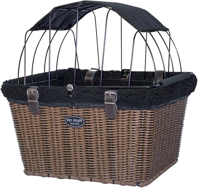 Travelin K9 Pet-Pilot MAX Wicker Bike Basket for Dogs/Cats - Includes Wire Cage Top w/Sun Shade + Plush Removable Padded Liner
