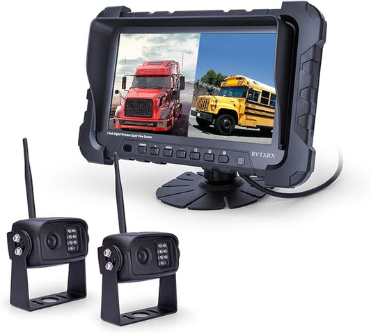 Digital Wireless Backup Camera System, Dual HD 720P Camera with Infrared Night Vision and Wide Viewing Angles, 7inch Wireless Monitor Split Screen for Trailer, RVs, Camper, 5th Wheel, etc