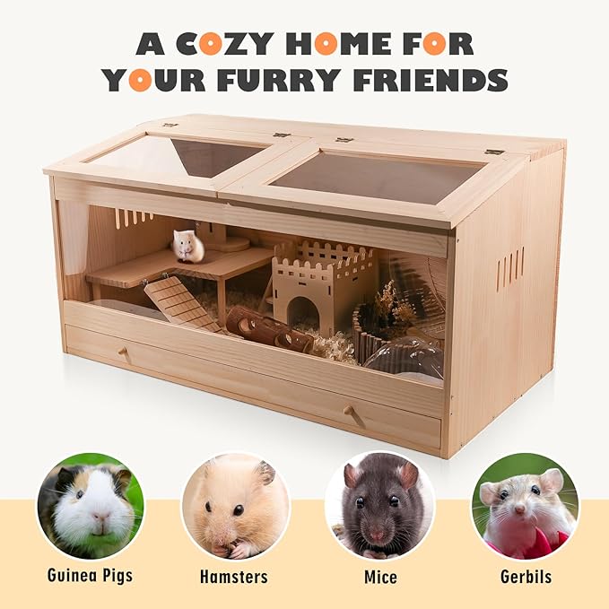 Wooden Hamster Cage with Pull-Out Tray, Small Animal Habitat with Double Skylight Doors for Gerbil, Mouse, Guinea Pig, Rat, No Accessories (31.5" L x 15.7" W x 15.7" H)