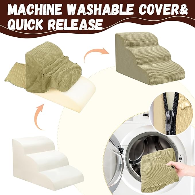 Dog Stairs for Small Dogs - High Density Foam Pet Steps, Extra Wide Dog Ramp with Non-Slip Bottom for High Beds, Couch and Sofa, Best for Dogs Injured, Older Doggy Cats,3 Steps, Camel