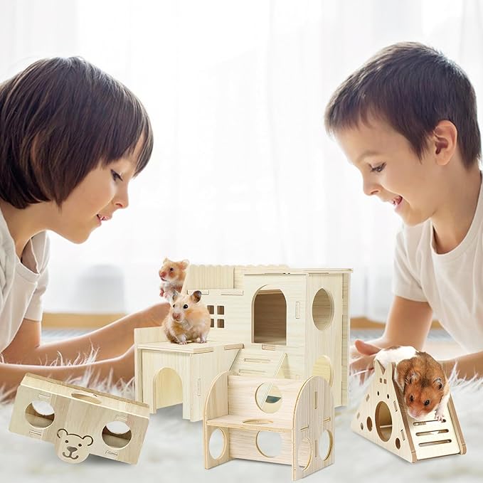 Hamster Toys 5-Piece Set ，Hamster House, Swing, Climbing Ladder, Seesaw & Exercise Wheel，Pet DIY Sport Exercise Toys Set, Small Animal Habitat Accessories ，Gerbils, Mice（Natural Wood）