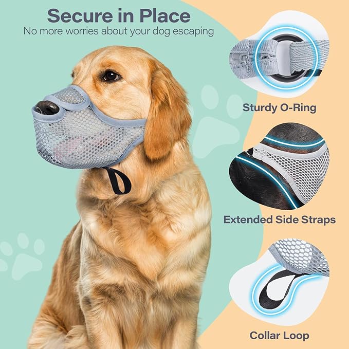 LUCKYPAW Dog Muzzle for Large Medium Small Dogs, Patented Mesh Muzzle to Prevent Biting Chewing Eating, Soft Mouth Guard with Front Opening Design for Drinking Panting(Grey, S)