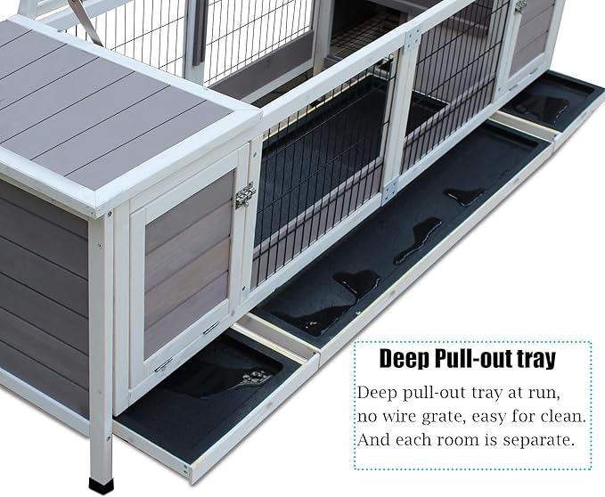 Rabbit Hutch Indoor Leakproof Bunny Cage Fir WoodenOutdoor Bunny House with Wire Floor Leakproof Plastic Tray (Grey)