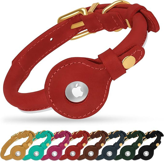 OOPSDOGGY Rolled Leather Dog Collar with Airtag Holder - Reflective Round Airtag Dog Collar - Soft Tracking Pet Collar for Small Dogs Puppy Cats Kitten (Red, S, 10"-13")
