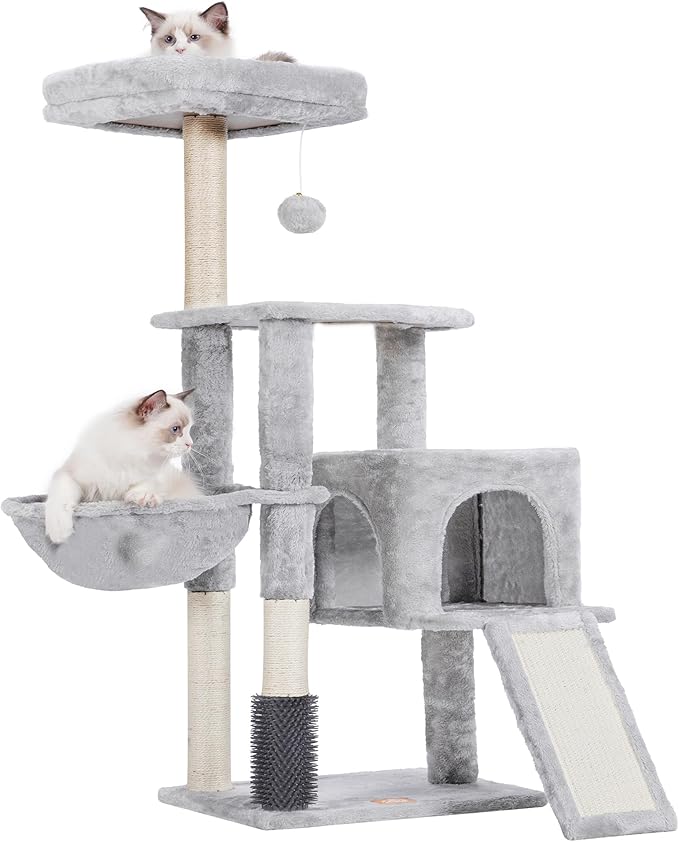Heybly Cat Tree with Cat Self Groomer Brush, Cat Tower Condo for Indoor Cats with Padded Plush Perch, Cat House with Basket Scratching Board Post, Light Gray HCT005SW
