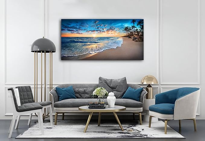 Jiuqinghua Canvas Prints Wall Art Blue Beach Ocean Landscape Paintings 1 panel Sunset Sea Waves Wall Decor Pictures Stretched and Framed for Living Room Bedroom and Office Decor Artwork 24x48inch