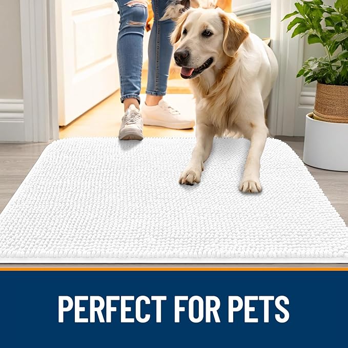 OLANLY Dog Door Mat for Muddy Paws 34x21, Absorbs Moisture and Dirt, Absorbent Non-Slip Washable Doormat, Quick Dry Chenille Mud Mat for Dogs, Entry Indoor Entryway Carpet for Inside Floor, White