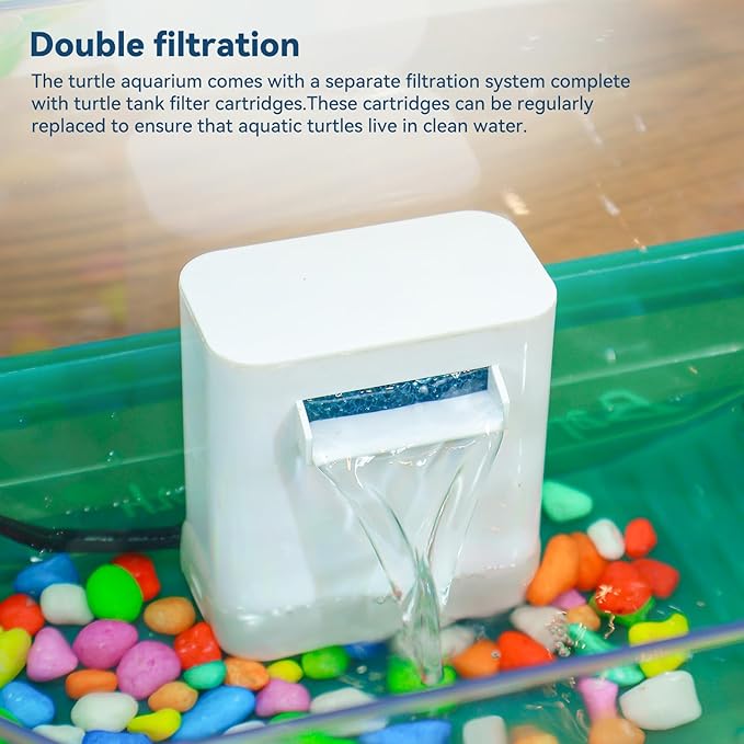 Aquatic Turtle Tank Habitat Kit Stone+Filter+Heat Lamp Enhancing Interaction with 360° Viewing, Standalone Filtration, DIY Creative Zone, Enriched Living (Green, Medium[with Light])