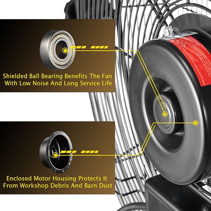 HiCFM 9100 CFM 24 inch Heavy Duty Industrial Wall Mounted Fan with TEAO Enclosure Motor, Permanent Lubricated Ball Bearing, 9 FT Cord, 180Degree Tilting, Safety Yellow Blade Wall Fan - UL Listed