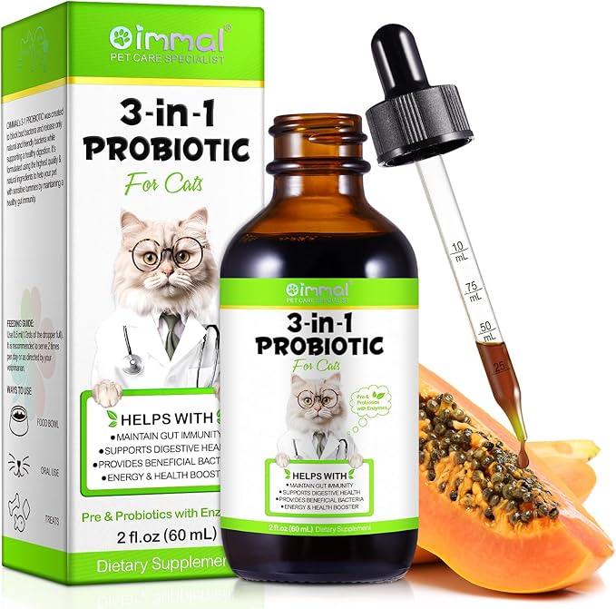 3-in-1 Probiotics for Cats with Digestive Enzymes & Prebiotics – Supports Gut Health, Immune System & Diarrhea Relief – 60ml for Cats of All Ages