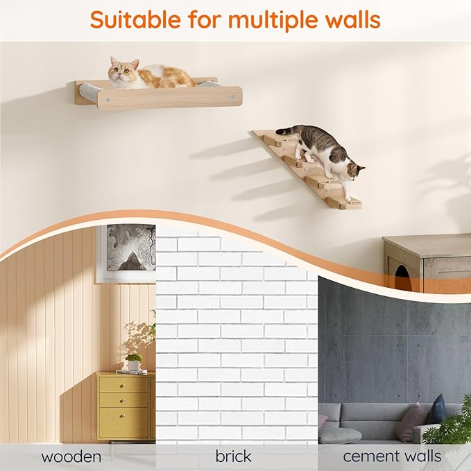 HOOBRO Cat Wall Shelf Set of 2, Wall Mounted 4-Level Cat Steps with Jute Scratching Steps, Hammock Wall Mounted, Holds up to 40 lb, Cat Wall Furniture, for Playing, Natural NL41CS03