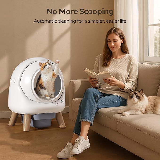 Self Cleaning Litter Box,Automatic Cat Litter Box for Multiple Cats,Robot with APP Control,Dual Safety Protection,Odor-Free Waste Disposal Includes Trash Bags,White