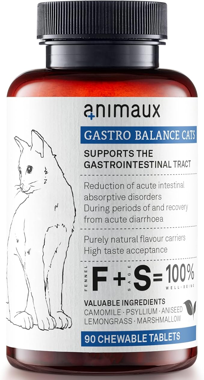 animaux - Gastro Balance for Cats, Supports Gastro-intestinal Tract, Prevents Diarrhoea, Constipation, Hairballs & Flatulence, supplementary probiotics, 90 chewable Tablets, 90 Days Supply
