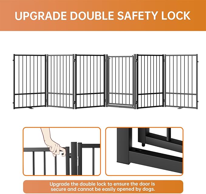 Full Metal Freestanding Dog Gate with Door, 32''Height Foldable Pet Dog Fence for Indoor & Outdoor, 6 Panels Extra Wide Free Standing TallDog Gates for Doorways,House,Stairs,Porch,Deck,Yard
