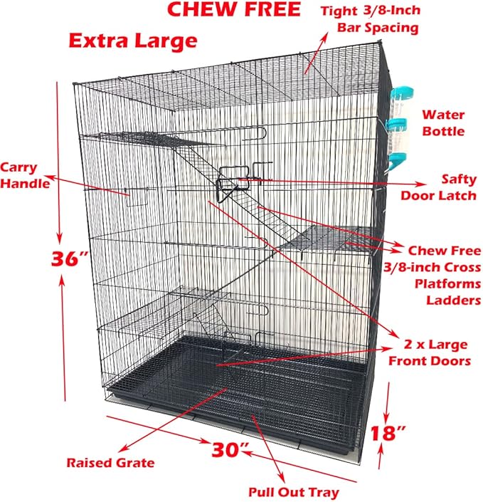 Extra Large 4-Floors with Tight 3/8-Inch Bar Spaing for Ferret Chinchilla Sugar Glider Rats Mice Hamster Gerbil Squirrel Rodent Degu Dagus Small Animal Critter Cage
