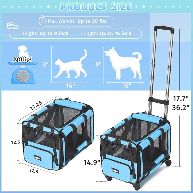 Pet Carrier with Wheels, Durable Airline Approved Cat Crate, Foldable Rolling Dog Carrier, Cat Rolling Bag for Cat &Dog, Use for Travel, Outdoor, Vet Visits, Camping, Indoor. Blue.