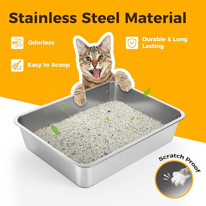 LIHONG Stainless Steel Cat Litter Box,Small Metal Litter Box for Small Cats Hamster Rabbits,No Smell,Non Stick,Easy to Clean(18" Lx14 Wx4 H,M)