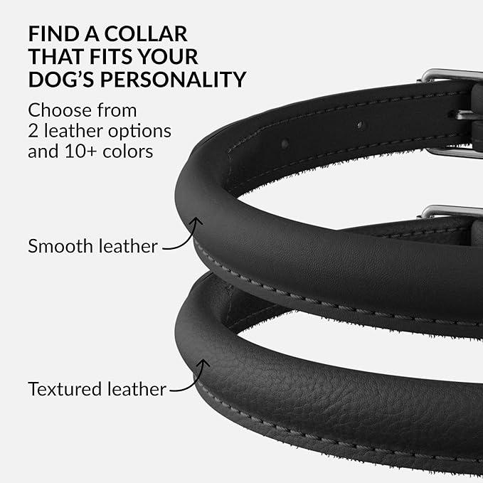 CollarDirect Rolled Leather Dog Collar, Soft Padded Round Puppy Collar, Handmade Genuine Leather Collar Dog Small Large Cat Collars 13 Colors (6-7 Inch, Black Smooth)