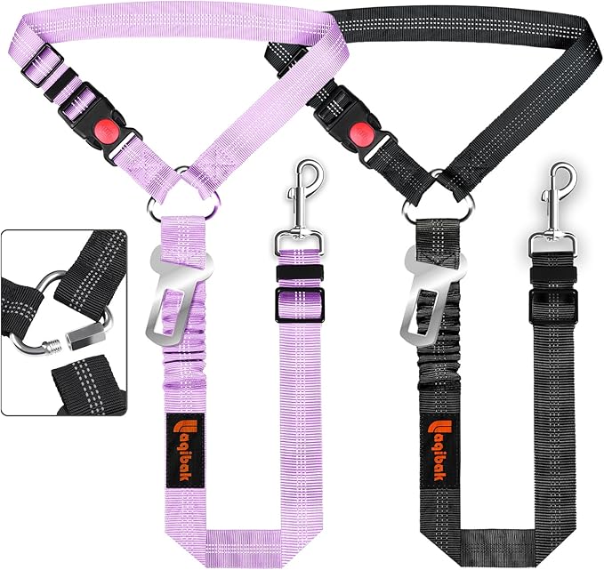 Removable Dog Seat Belt Harness for Car, 3 in 1 Pet Dog Car Seatbelt Leash, Retractable Restraint Secures to Vehicle Headrest & Adjustable Reflective Bungee Dog Seatbelt Tether, Purple and Black