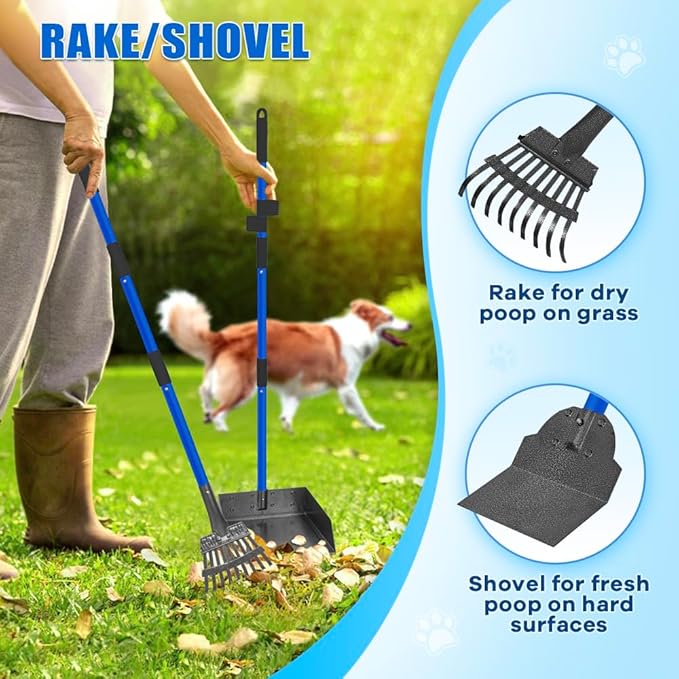Larger Pooper Scooper Dog Pooper Scooper for Large Medium Small Dogs Heavy Duty Stainless Steel No Bending with Rake & Shovel & Extra Large Tray for Yard