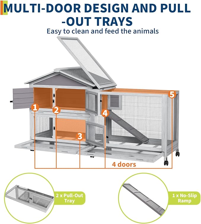 Rabbit Hutch 2-Tier, Small Wooden Chicken Coop with Wheels for Outdoor Use - Weatherproof Small Animal Hutch with Non-Slip Ramp, 4 Access Doors & Removable Tray for Rabbits, Guinea Pigs, Ferrets