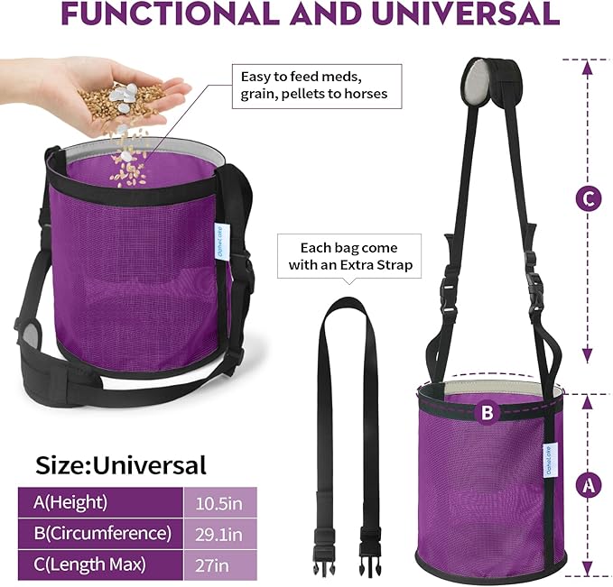 Horse Feed Bag 2 Pcs, Mesh Feed Bags for Horses, Muzzle Feedbag for Feeding Grain, Anti-Spill Design Feeder, Soft Neck Pad Nose Pad, Universal Fit (Purple, Pack of 2)