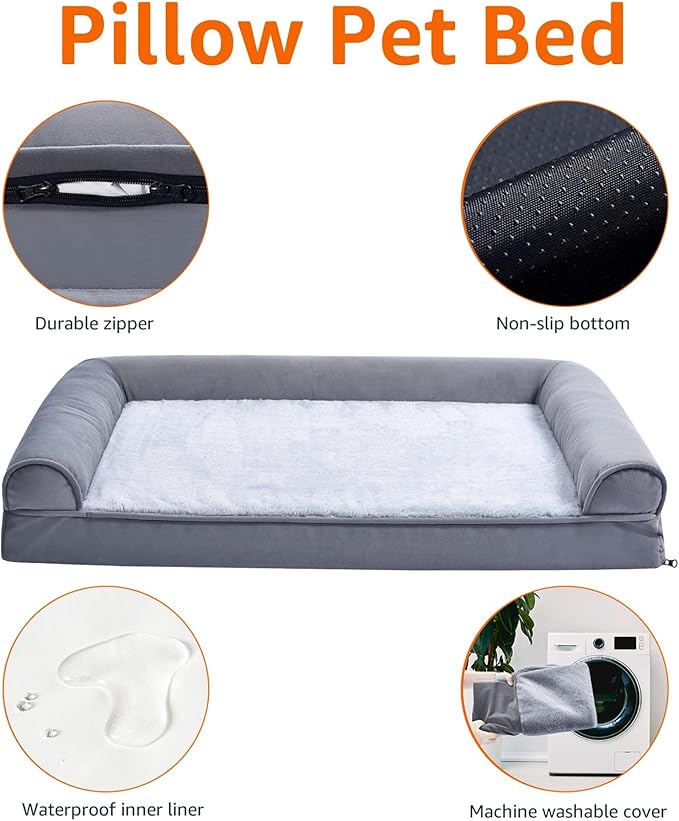 Amazon Basics Living Room Couch Dog Bed with Premium Foam, Pressure-Relief Support for Dogs up to 90lbs, Machine Washable Cover, Extra Large Sized (44" x 35"), Grey