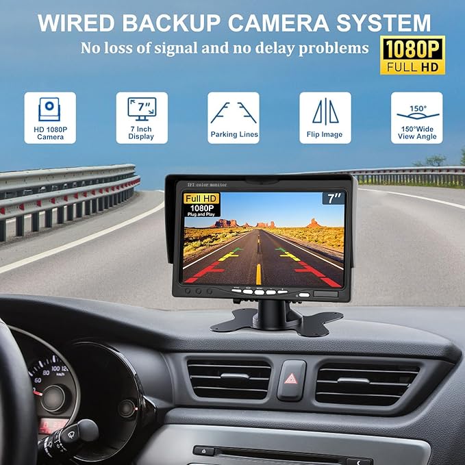Kairiyard Backup Camera with 7 Inch Monitor, HD 1080P Reverse Rear View Camera Waterproof DIY Grid Lines No-Delay Wired License Plate Camera System for Truck Car SUV