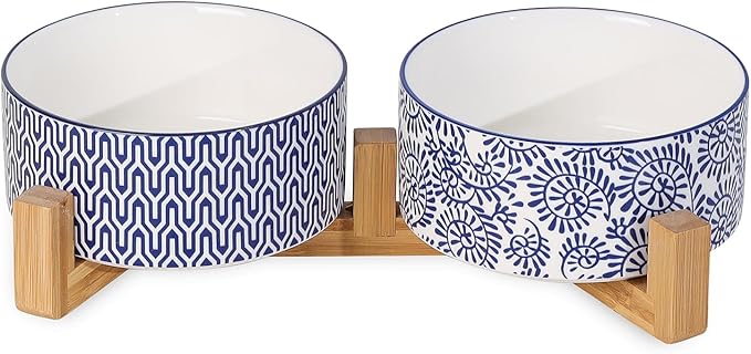 Selamica Ceramic 30 OZ Dog Bowls, Dog Food and Water Bowls with Wooden Stand, Anti-Slip Dog Dishes Set for Cats Small & Medium Sized Dogs, Weighted Pet Bowls Set of 2, Vintage Blue B