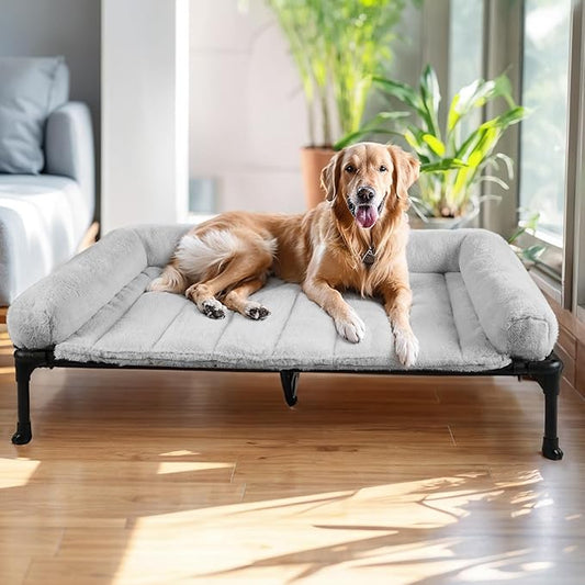 Veehoo Cooling Elevated Dog Bed with Fluffy Plush Bolster Cushion, Indoor Raised Dog Beds for Large Dogs, Soft Pet Sofa Cot with Removable Washable Mat, No-Slip Feet, 49 x 33 inches, Grey