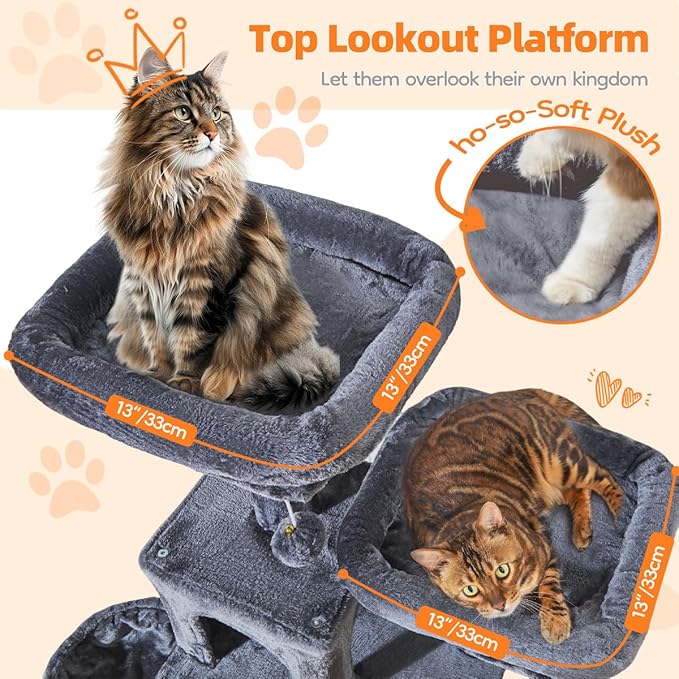 Taoqimiao Large Cat Tree，73-Inch Cat Tree Tower with 9 Scratching Posts for Indoor Cats, 2 Large Cat Condo with Hammock, Hanging Basket, 2 Extended Platform, Smoky Gray MS013XLG