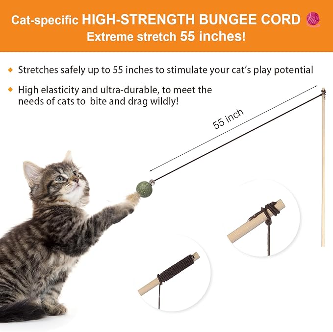 Cat Feather Toys with Catnip Ball, Feathers & Bell - 2 Replaceable Mouse Heads, Elastic Rope & Wooden Handle for Aggressive Kittens, Durable Bite-Proof Interactive Cat Teaser for Indoor Play