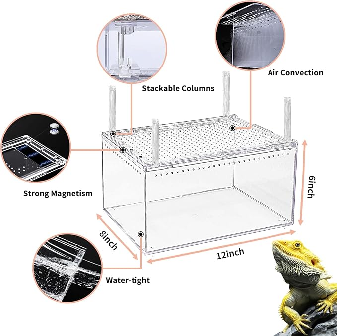 【No Assembly】 Reptile Tank Enclosure with Magnetic Button.12" * 8" * 6" Thicken Snake Enclosure Cage,Batch Stackable Reptile Breeding Tank for Insect,Fish,Tarantula,Hermit Crab,Jumping Spider