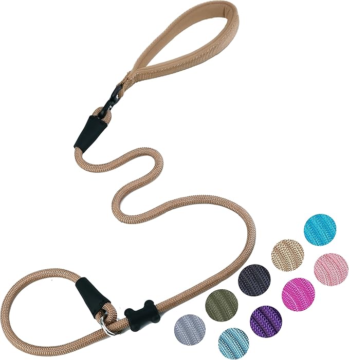 Slip Lead Dog Leash，Strong Nylon Rope Leash and Padded Handle,No Pull Outdoor Walking Training Lead for Small Medium Large Dogs(Light Military Tan, 1/2"×4ft)