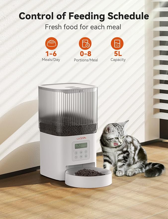 WOPET Automatic Cat Feeder, 4L Automatic Dog Feeder with 180-Day Battery Life, Programmable Cat Food Dispenser with Stainless Steel Bowl，1-6 Meals Per Day