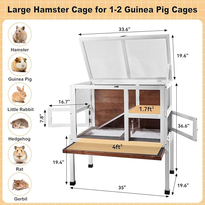 2-Story Guinea Pig Cage with Stand, Indoor Wooden Hamster Cage with Ramp, Pull-Out Tray, Hideout & Platform, Acrylic Transparent Small Animal Habitat for Chinchillas, Ferrets, Hedgehogs, Walnut