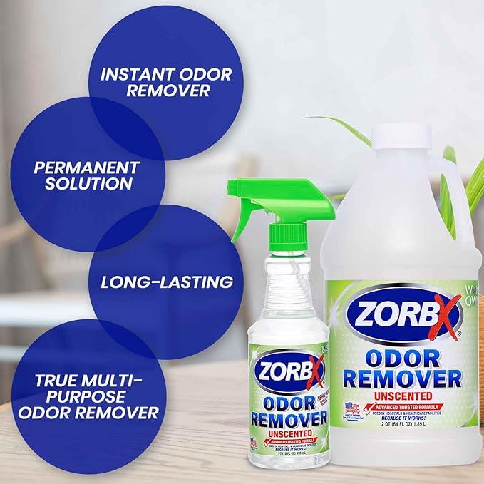 ZORBX Unscented Odor Eliminator for Strong Odor 16 Oz + 64 Oz - Used in Hospitals & Healthcare Facilities - Advanced Trusted Formula, Fast-Acting Odor Remover Spray for Dog, Cat, House & Carpet