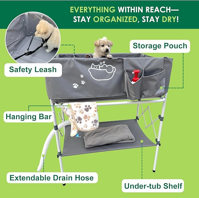 Elevated Dog Bathtub, Portable Dog Washing Station for Home with Towel Bar & Storage, Folding Pet Bath Tub for Small & Medium Dogs