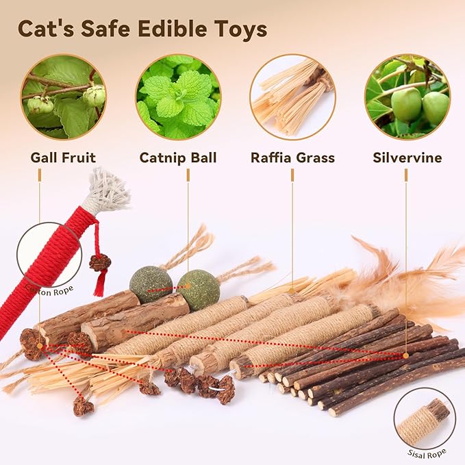 Cat Toys Cat Chew Toys, Silvervine Sticks Catnip Rope Toys for Cats Teeth Cleaning, Kitten Dental Care, Kitty for Indoor Cats Increase Appetite,Enhances Oral & Dental Health (20 Pack)